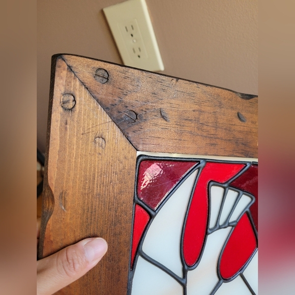 Vintage Holy Spirit White Red Stained Glass & Wood Panel Square #518024 14x 12" - Picture 7 of 11